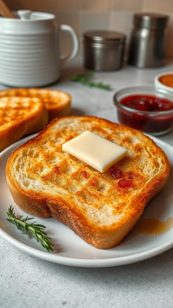 Two slices of golden-brown toast with butter and jam on a plate in a cozy kitchen.